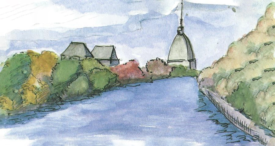 In the image a watercolor drawing of Turin with the river and the Mole Antonelliana.